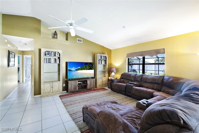 tiled living room featuring vaulted ceiling and ceiling fan