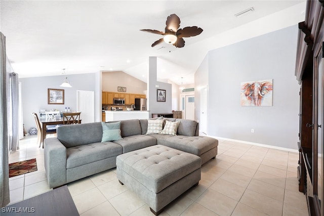 tiled living room with ceiling fan and lofted ceiling