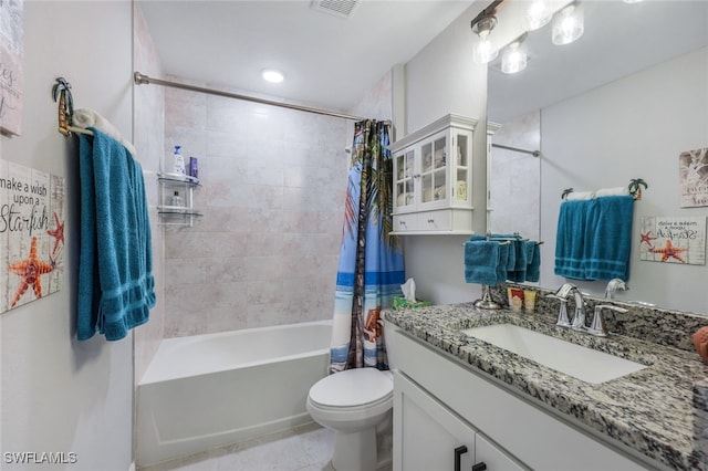 full bathroom with toilet, visible vents, vanity, tile patterned floors, and shower / bathtub combination with curtain