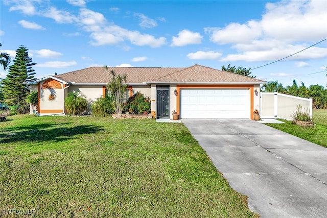 single story home with a garage, concrete driveway, a front lawn, and stucco siding