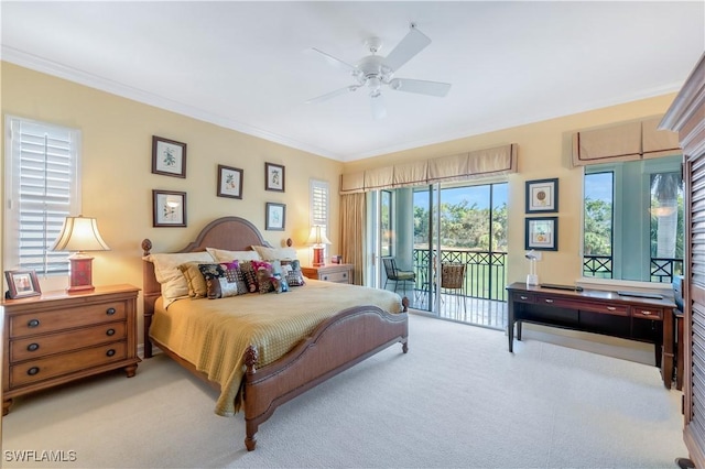 bedroom featuring access to outside, ceiling fan, crown molding, and carpet flooring