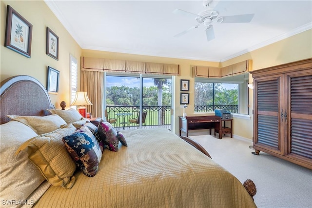 carpeted bedroom with baseboards, access to outside, a ceiling fan, and crown molding