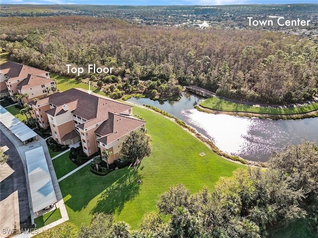 drone / aerial view featuring a water view