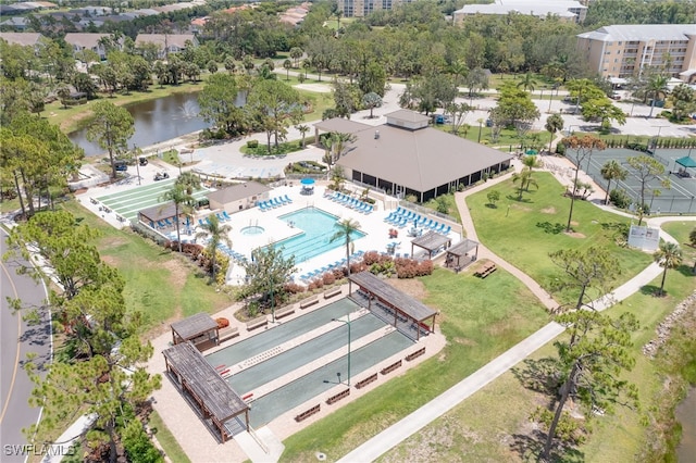 drone / aerial view with a water view