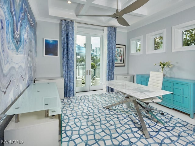 office space with crown molding, coffered ceiling, beam ceiling, and french doors