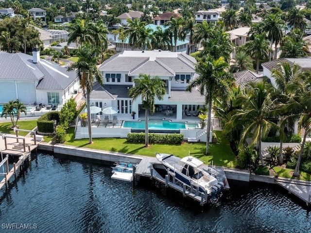 drone / aerial view featuring a water view