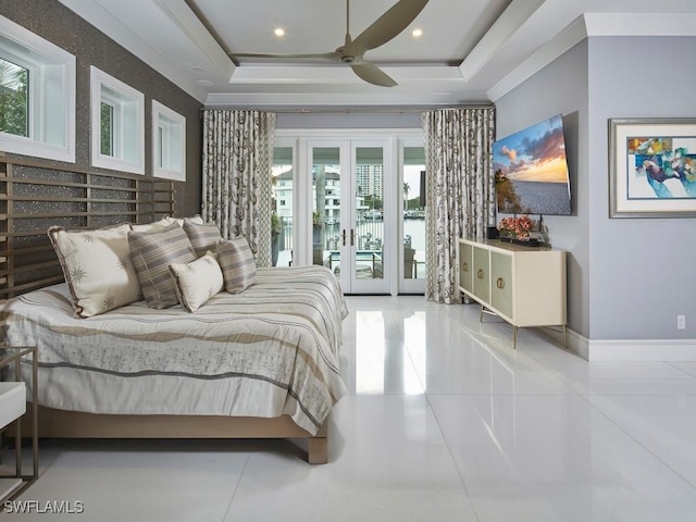 bedroom with french doors, light tile patterned flooring, access to outside, a raised ceiling, and ceiling fan