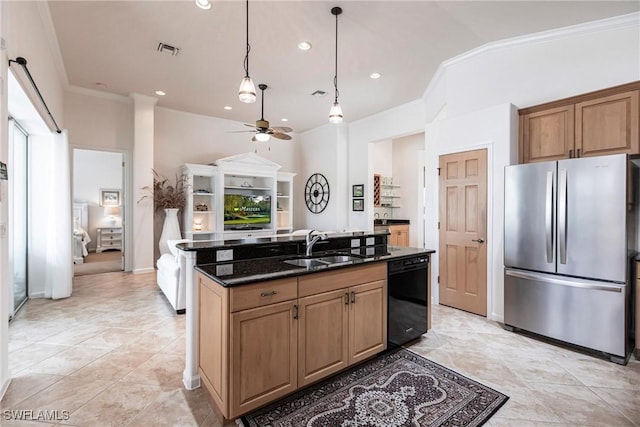 kitchen with dark stone counters, sink, ceiling fan, black dishwasher, and stainless steel refrigerator