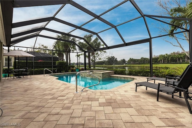 view of swimming pool with a lanai, an in ground hot tub, and a patio