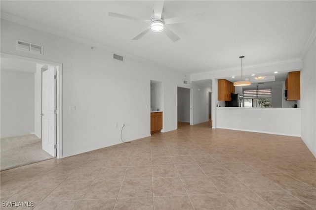 unfurnished living room with ceiling fan, ornamental molding, and light tile patterned flooring