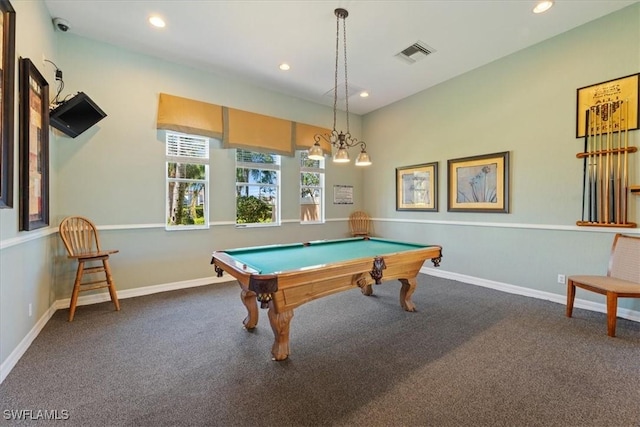 rec room featuring billiards and carpet flooring