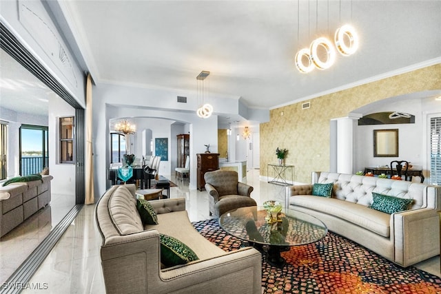 11640 Court Of Palms Unit 602, Fort Myers, FL 33908 - living room with visible vents, an inviting chandelier, marble finish floor, and arched walkways