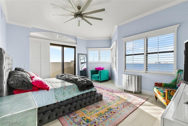 bedroom featuring ceiling fan, ornamental molding, and a water view