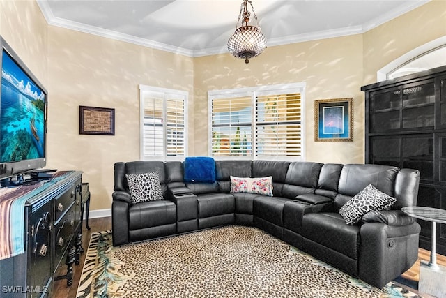 living room featuring wood-type flooring and ornamental molding