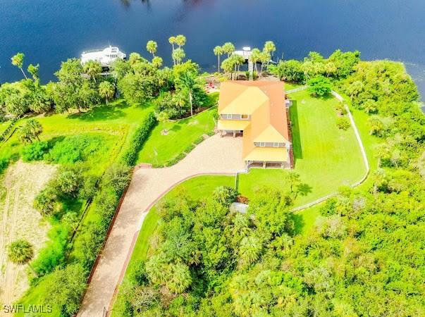 aerial view featuring a water view