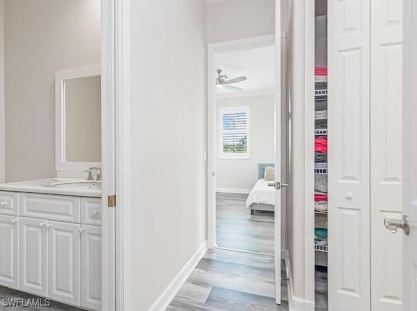 corridor featuring sink and light hardwood / wood-style flooring