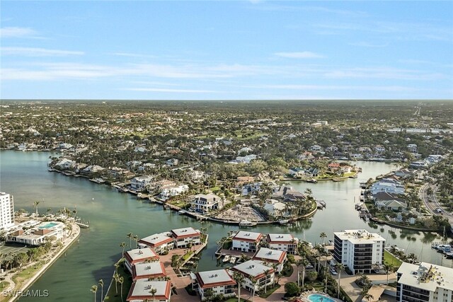 aerial view featuring a water view and a city view