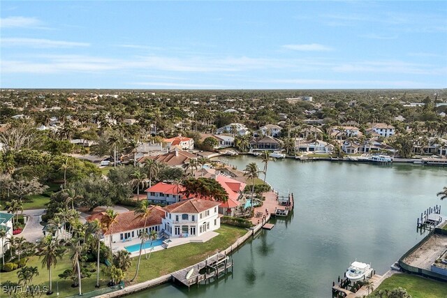 bird's eye view with a water view and a residential view