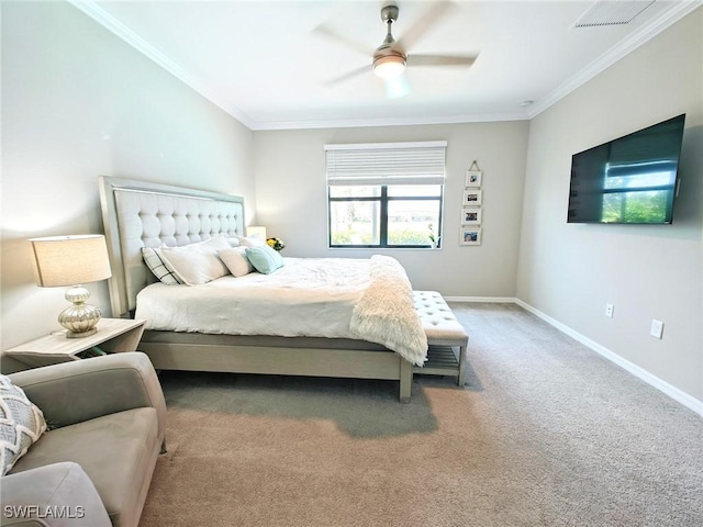 bedroom with carpet flooring, ceiling fan, and ornamental molding