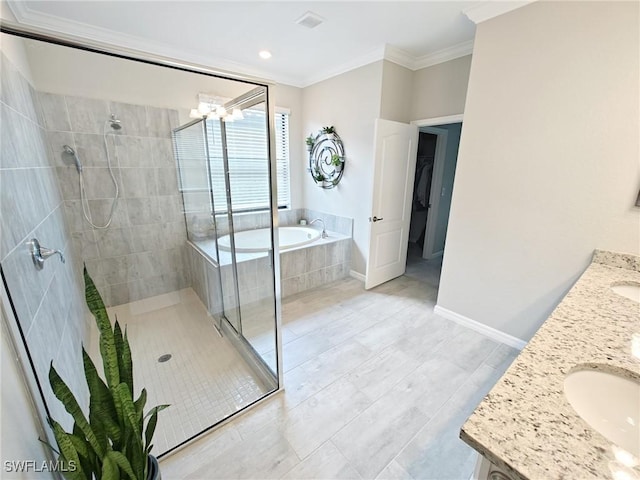 bathroom with tile patterned floors, vanity, crown molding, and plus walk in shower