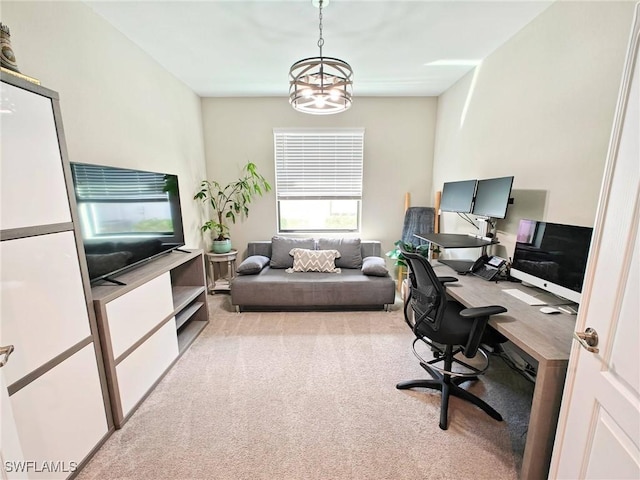 carpeted office space with a notable chandelier