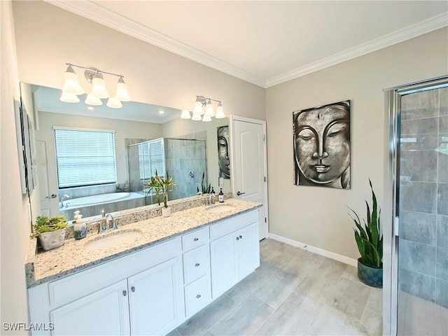 bathroom featuring shower with separate bathtub, vanity, ornamental molding, and hardwood / wood-style floors