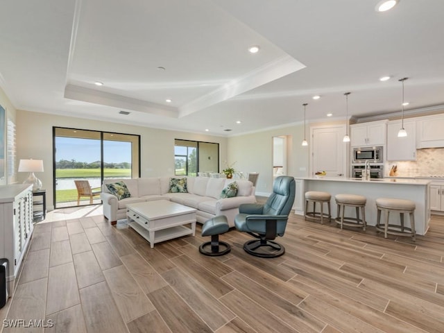 living room with a raised ceiling and crown molding