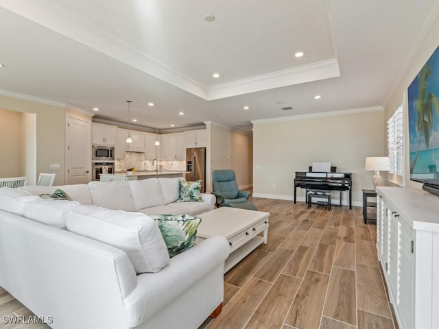 living room with a raised ceiling, ornamental molding, light hardwood / wood-style flooring, and sink