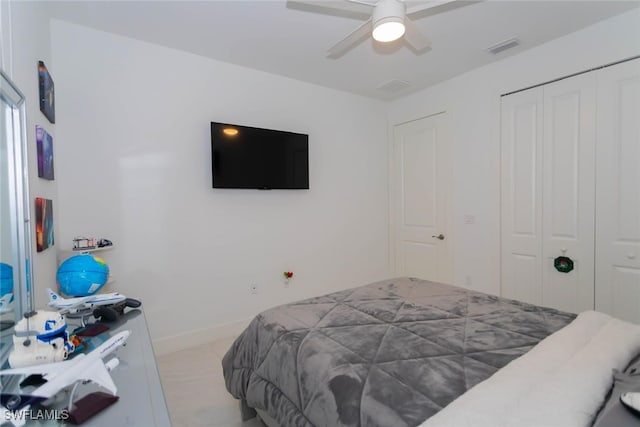 bedroom with ceiling fan and a closet