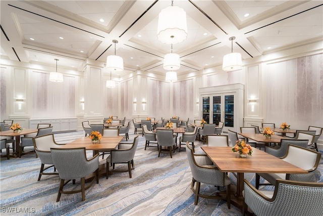 carpeted dining area featuring beam ceiling, coffered ceiling, and ornamental molding