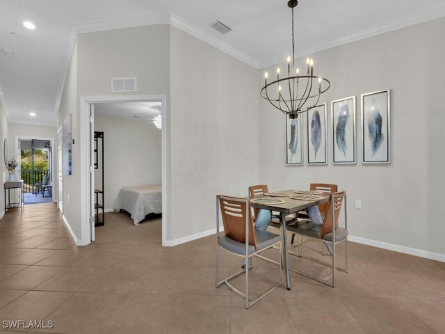 tiled dining space with crown molding and ceiling fan with notable chandelier