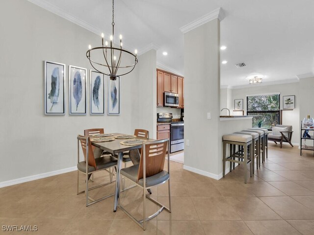 tiled dining room with crown molding and a notable chandelier