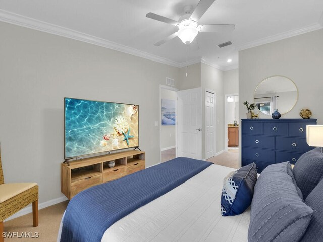 bedroom with light carpet, ornamental molding, and ceiling fan