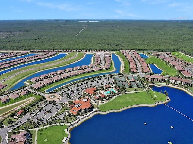 birds eye view of property featuring a water view