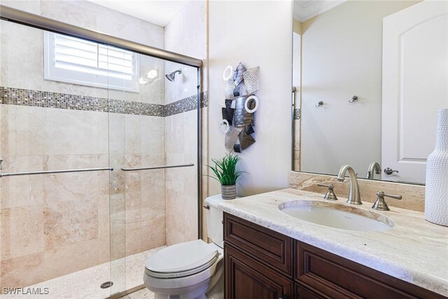 bathroom with vanity, toilet, and an enclosed shower