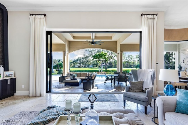 view of patio / terrace with ceiling fan and an outdoor hangout area