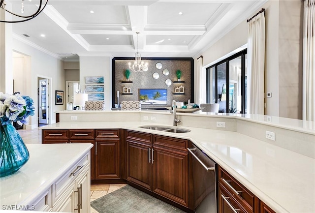 kitchen featuring beamed ceiling, coffered ceiling, hanging light fixtures, sink, and an inviting chandelier