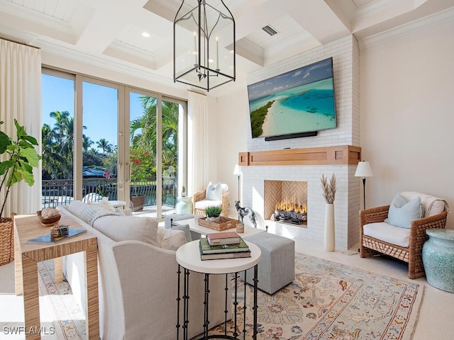 living room with visible vents, beamed ceiling, coffered ceiling, and crown molding