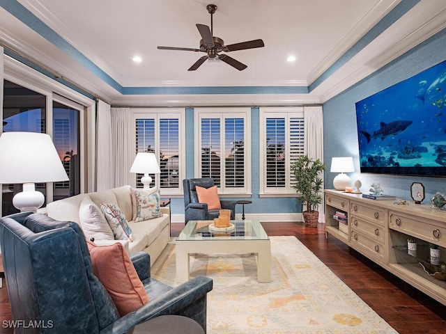 living room featuring a ceiling fan, crown molding, recessed lighting, and wood finished floors