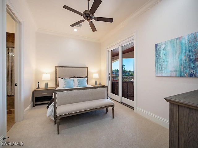 bedroom with access to exterior, ceiling fan, baseboards, carpet floors, and ornamental molding