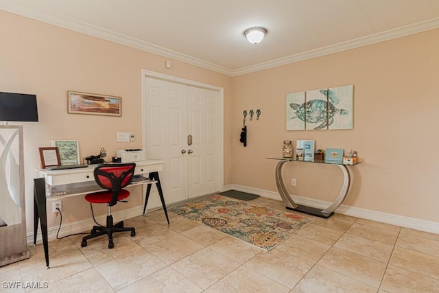 tiled office space featuring crown molding