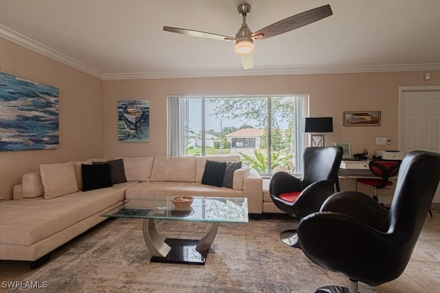 tiled living room featuring crown molding and ceiling fan