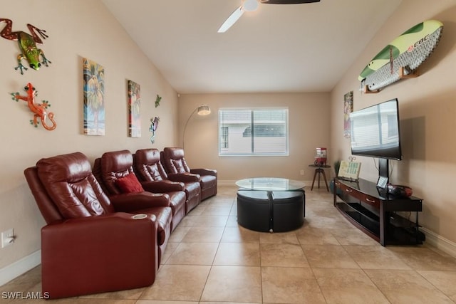 tiled living room featuring ceiling fan