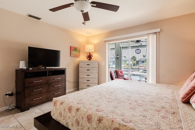 bedroom featuring ceiling fan, access to exterior, and light tile patterned floors