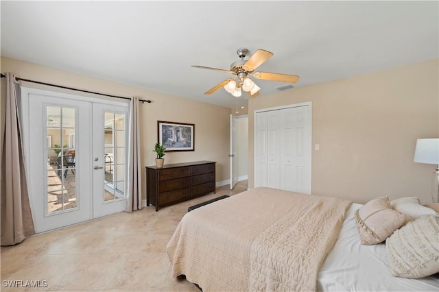 bedroom featuring ceiling fan, french doors, a closet, and access to exterior