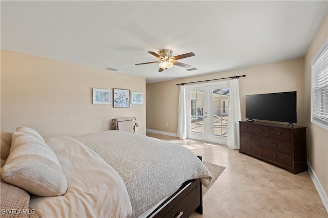 bedroom with ceiling fan, french doors, and access to exterior