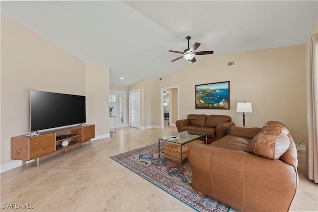 living room featuring ceiling fan and vaulted ceiling