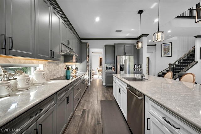 kitchen with appliances with stainless steel finishes, hanging light fixtures, ornamental molding, dark hardwood / wood-style flooring, and sink