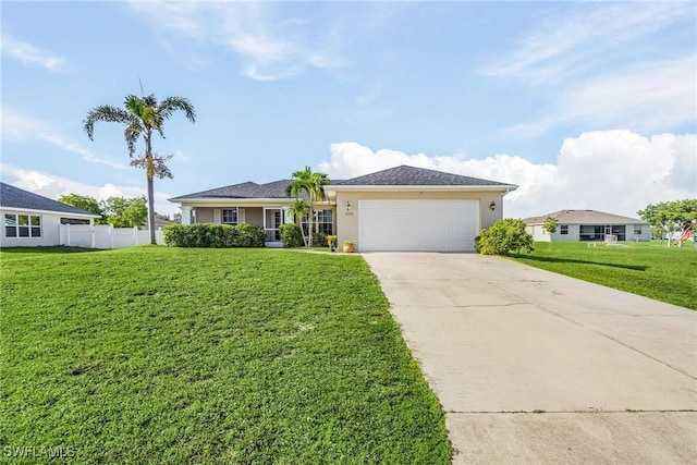 ranch-style home featuring a front yard and a garage