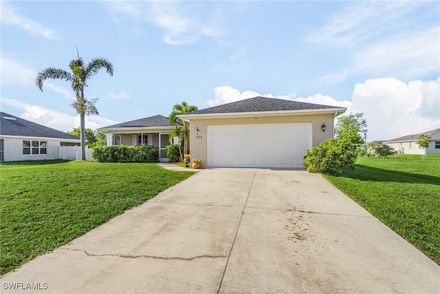 ranch-style home with a front yard and a garage